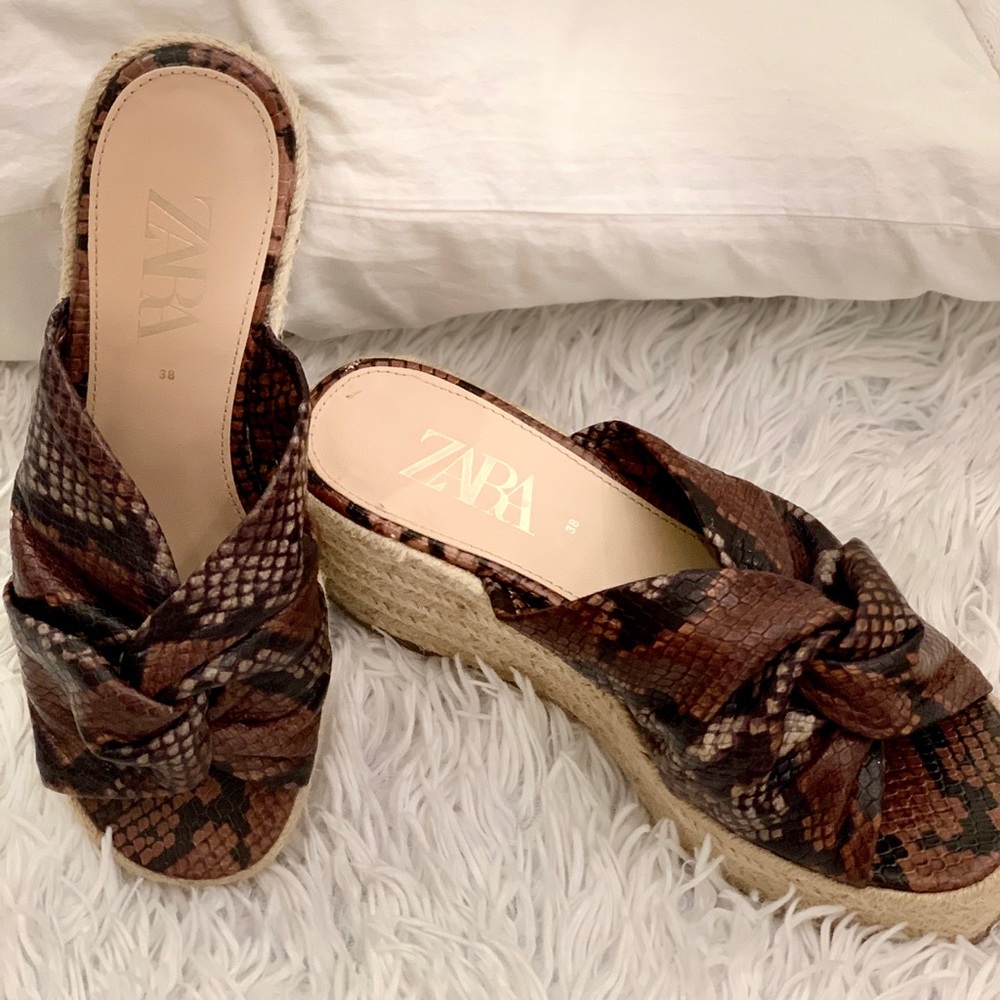 ZARA SNAKE PLATFORM LEATHER SLIDES BROWN/BLACK